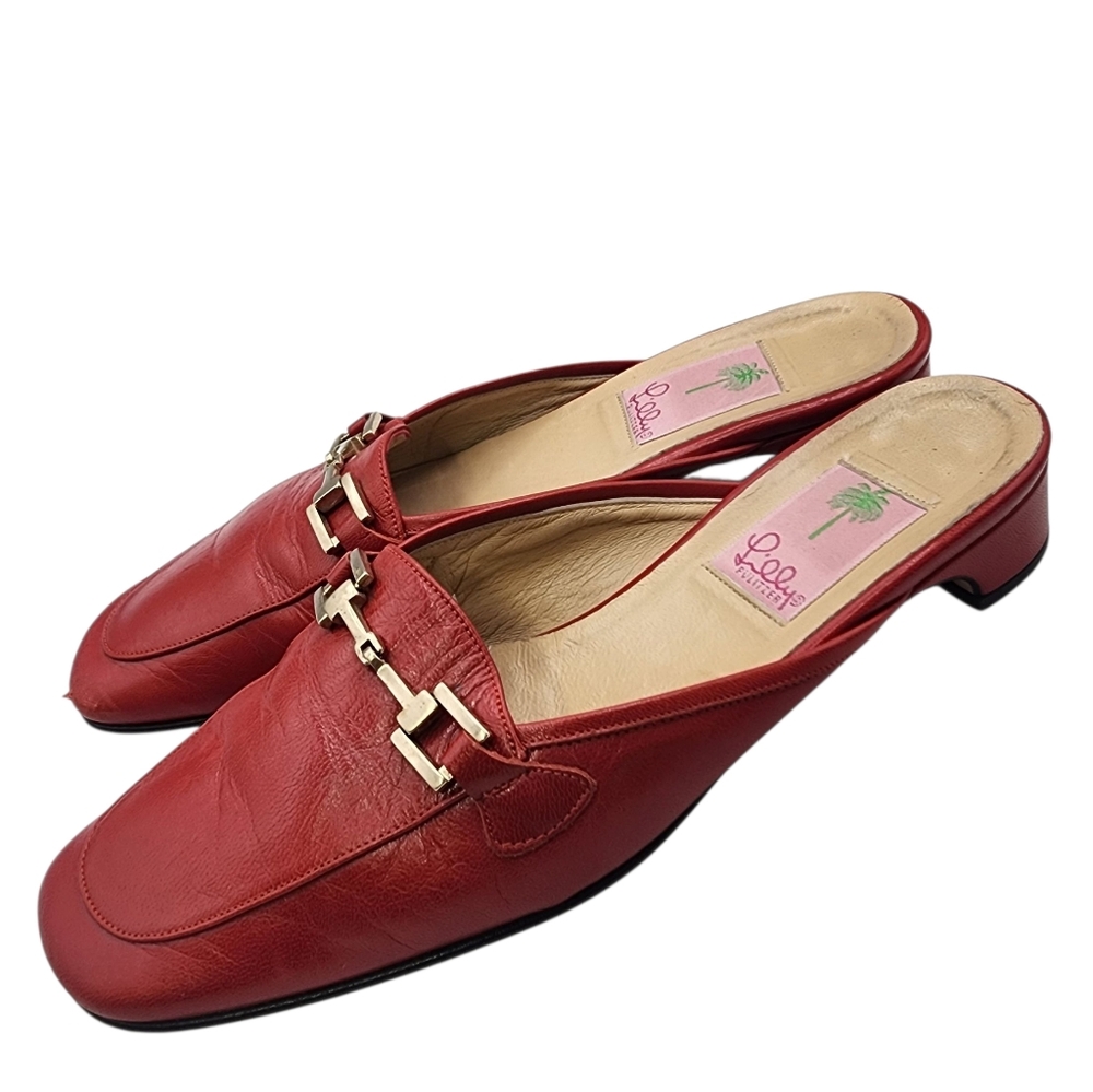 Lilly Pulitzer Women's Red Leather Mules with Gold Accent 7-7.5‎